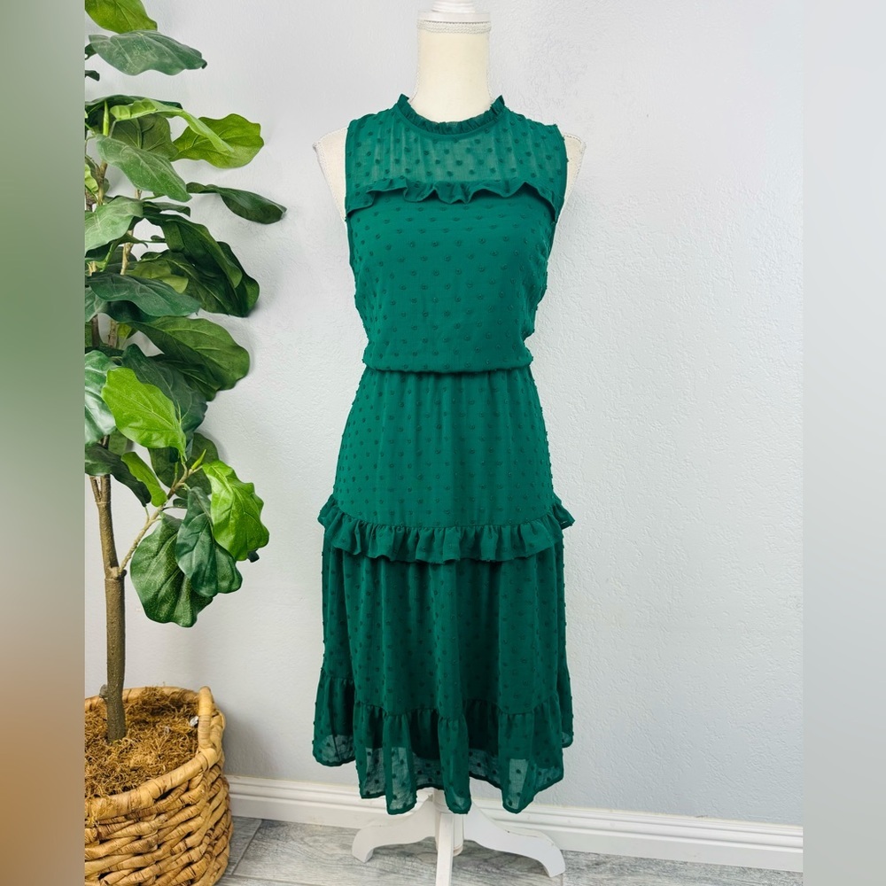 NWT Monteau Green Swiss Dot Sleeveless Chiffon Ruffle Dress